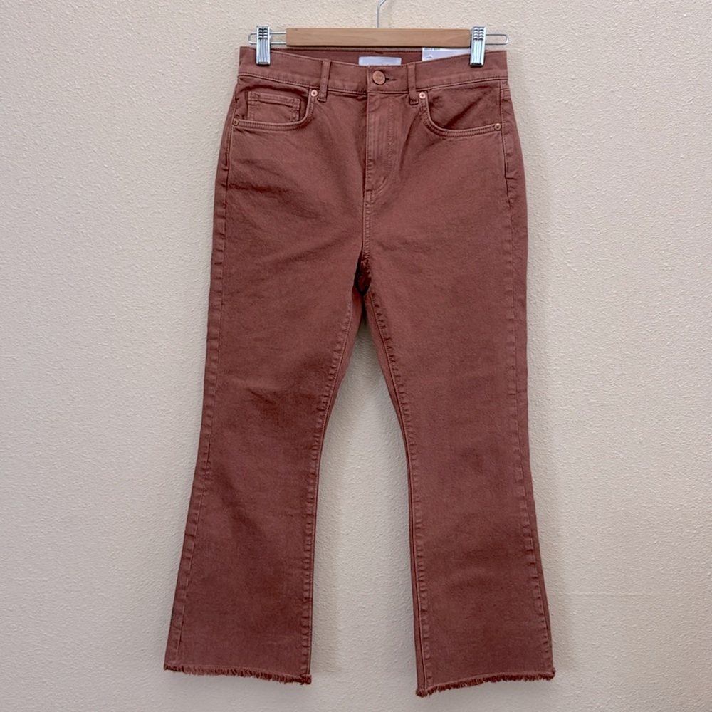 LOFT High Waist Flare Crop Jeans Raw Hem Copper Brown Pants Size 26 Petite
